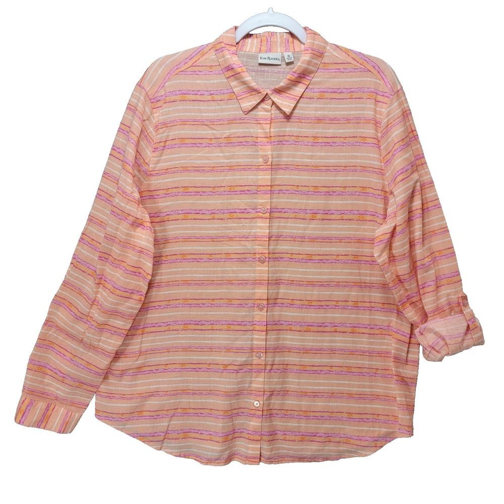 Kim Rogers Linen Blend Top Shirt Womens XL Orange Stripe Button Casual Colorful